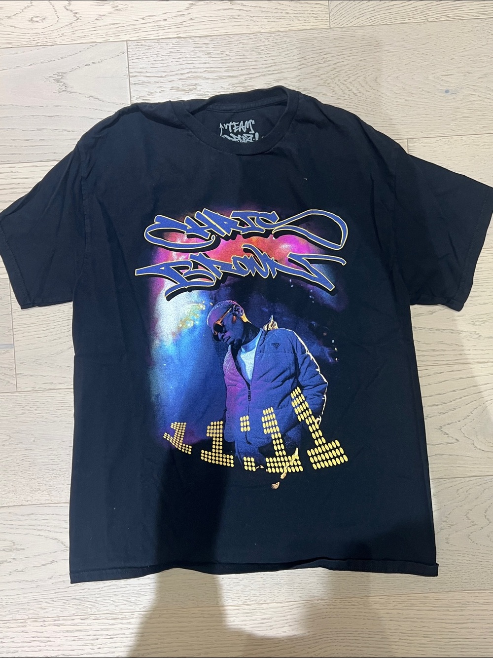 Splendid Black Tee with Purple, Blue & Yellow Graphic